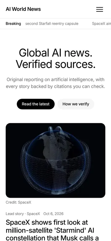 AI World News website, mobile view