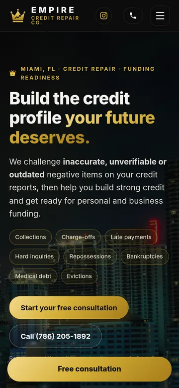 Empire Credit Repair Co. website, mobile view